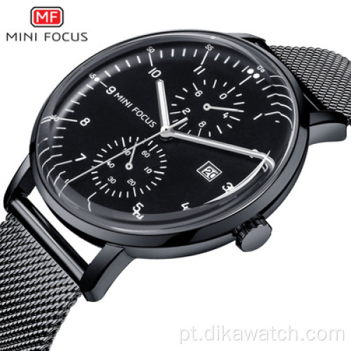 Relógio masculino MINI FOCUS 0052, marca de luxo, relógios de quartzo masculino, calendário de pulso, malha de couro, pulseira, relógio masculino à prova d&#39;água